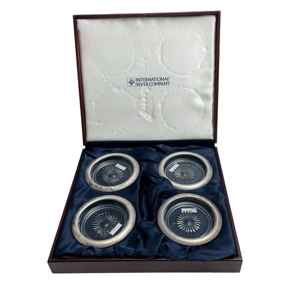 Vintage Silver Plated and Etched Glass Coaster Set International Silver Company